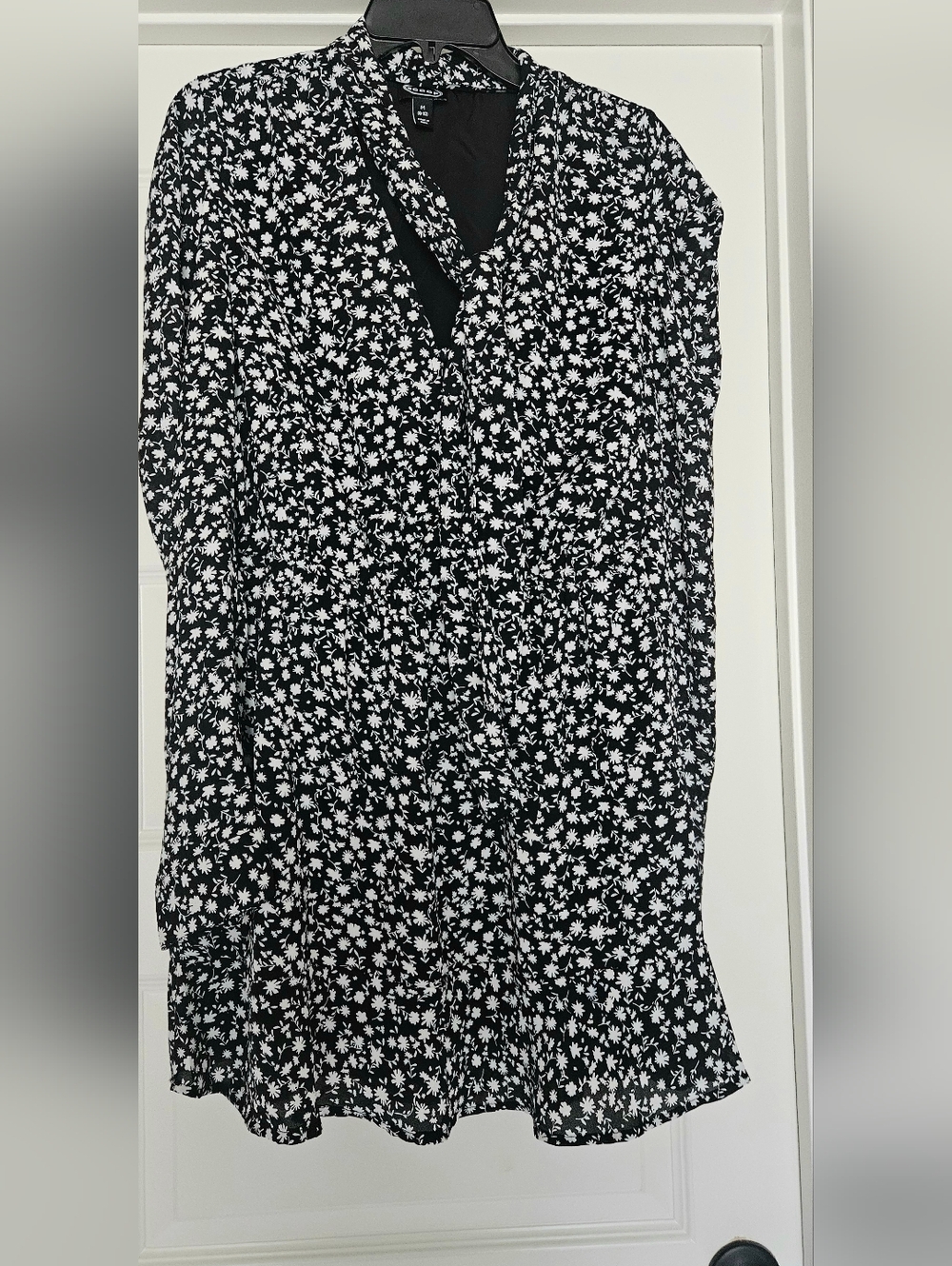 Black & White Floral Midi Dress - Classic Tie Neck